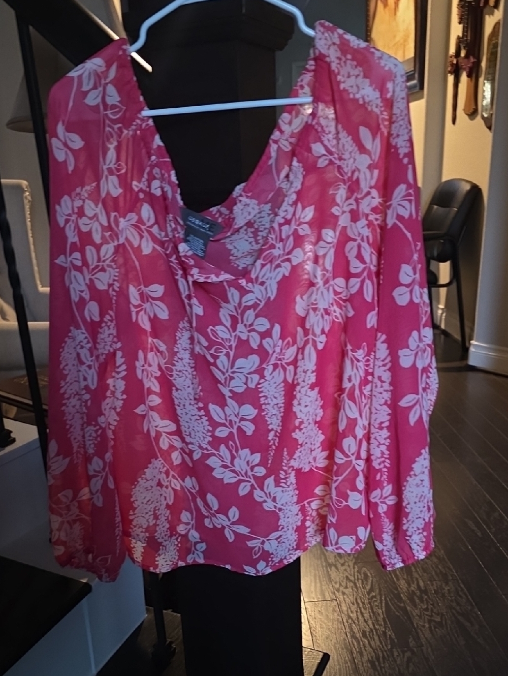 George Pink and White Floral V-Neck Long-Sleeve Blouse